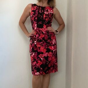 Floral Retro Sheath Dress‎ size 6 Small Black Red Pink Office Chic Midi Dress